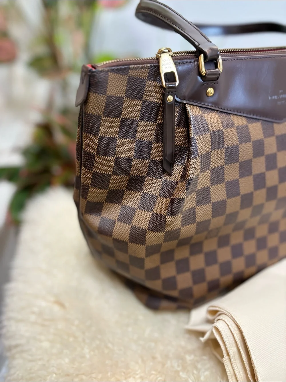 Louis Vuitton Brown Damier Ebene Check Canvas Tote with Gold Hardware